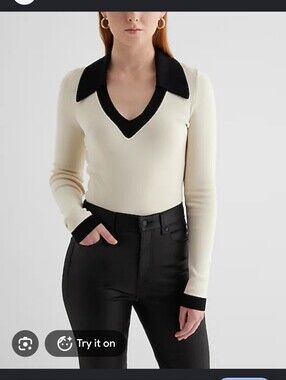 Nwt Express Fitted V Neck Tipped Polo Sweater Silky Soft Small Cream Black S